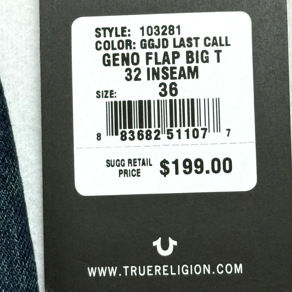 True Religion Men's Geno Relaxed Slim Big T Blue Denim Jeans 36x32 NWT $199.00